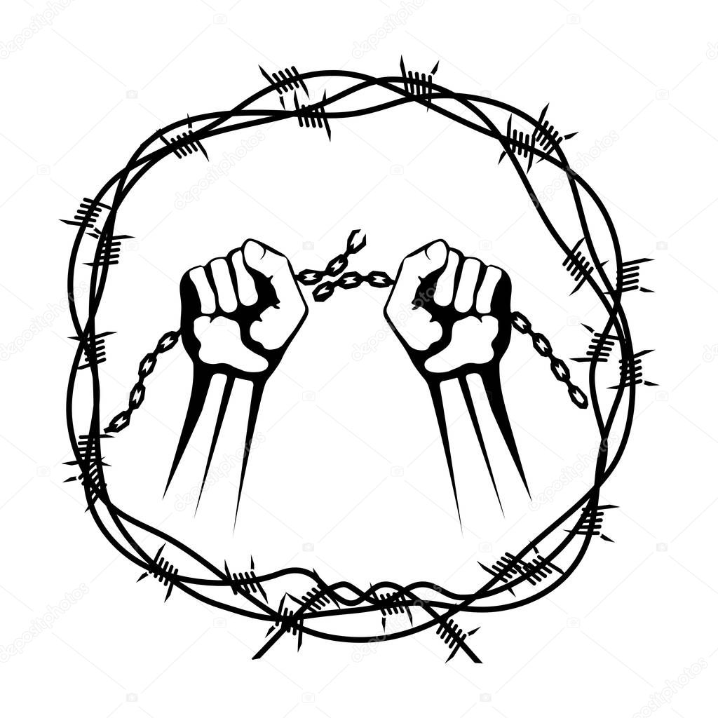 hands in a wreath of barbed wire