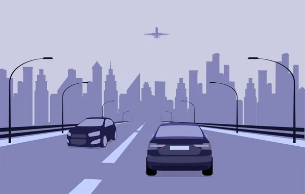 Highway Road med bilar som leder till staden — Stock vektor