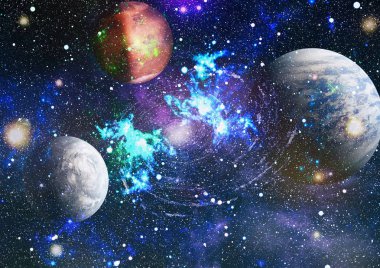 Derin uzay sanatı. Galaksiler, bulutsular ve evrendeki yıldızlar. Bu görüntünün elementleri NASA tarafından desteklenmektedir