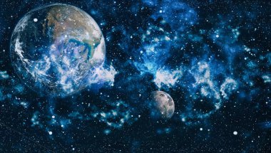 Dünya ve ay siyah bir zemin üzerine uzaydan. NASA tarafından döşenmiş öğeler dahil olmak üzere son derece ayrıntılı görüntü.