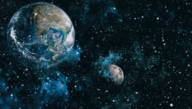 Dünya ve ay siyah bir zemin üzerine uzaydan. NASA tarafından döşenmiş öğeler dahil olmak üzere son derece ayrıntılı görüntü.