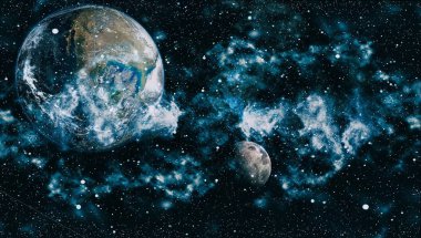 Dünya ve ay siyah bir zemin üzerine uzaydan. NASA tarafından döşenmiş öğeler dahil olmak üzere son derece ayrıntılı görüntü.