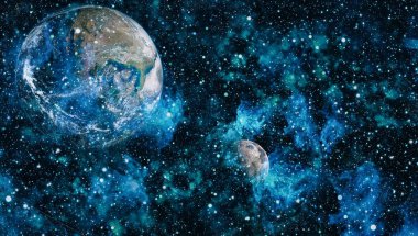 Dünya ve ay siyah bir zemin üzerine uzaydan. NASA tarafından döşenmiş öğeler dahil olmak üzere son derece ayrıntılı görüntü.