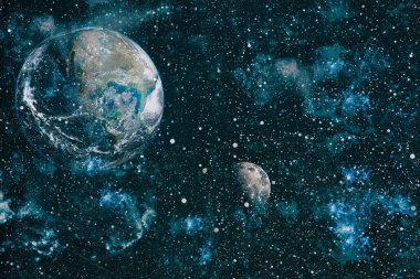 Dünya ve ay siyah bir zemin üzerine uzaydan. NASA tarafından döşenmiş öğeler dahil olmak üzere son derece ayrıntılı görüntü.