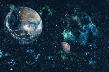 Dünya ve ay siyah bir zemin üzerine uzaydan. NASA tarafından döşenmiş öğeler dahil olmak üzere son derece ayrıntılı görüntü.