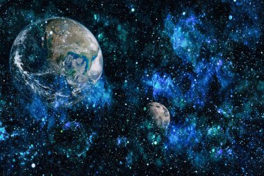 Dünya ve ay siyah bir zemin üzerine uzaydan. NASA tarafından döşenmiş öğeler dahil olmak üzere son derece ayrıntılı görüntü.