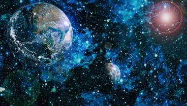 Dünya ve ay siyah bir zemin üzerine uzaydan. NASA tarafından döşenmiş öğeler dahil olmak üzere son derece ayrıntılı görüntü.