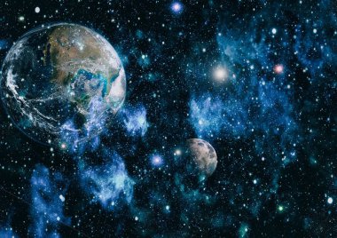 Dünya ve ay siyah bir zemin üzerine uzaydan. NASA tarafından döşenmiş öğeler dahil olmak üzere son derece ayrıntılı görüntü.