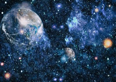 Dünya ve ay siyah bir zemin üzerine uzaydan. NASA tarafından döşenmiş öğeler dahil olmak üzere son derece ayrıntılı görüntü.