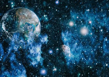 Dünya ve ay siyah bir zemin üzerine uzaydan. NASA tarafından döşenmiş öğeler dahil olmak üzere son derece ayrıntılı görüntü.