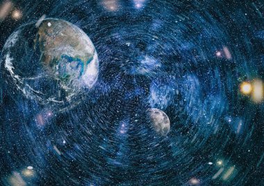 Dünya ve ay siyah bir zemin üzerine uzaydan. NASA tarafından döşenmiş öğeler dahil olmak üzere son derece ayrıntılı görüntü.