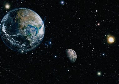 Dünya ve ay siyah bir zemin üzerine uzaydan. NASA tarafından döşenmiş öğeler dahil olmak üzere son derece ayrıntılı görüntü.