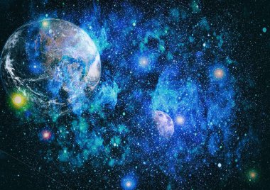 Dünya ve ay siyah bir zemin üzerine uzaydan. NASA tarafından döşenmiş öğeler dahil olmak üzere son derece ayrıntılı görüntü.