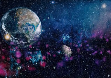 Dünya ve ay siyah bir zemin üzerine uzaydan. NASA tarafından döşenmiş öğeler dahil olmak üzere son derece ayrıntılı görüntü.