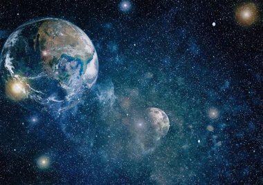 Dünya ve ay siyah bir zemin üzerine uzaydan. NASA tarafından döşenmiş öğeler dahil olmak üzere son derece ayrıntılı görüntü.