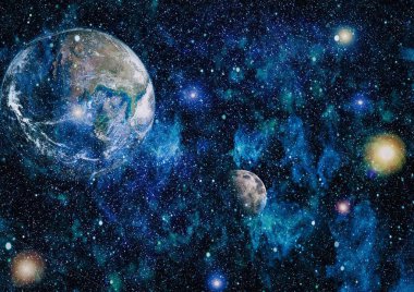 Dünya ve ay siyah bir zemin üzerine uzaydan. NASA tarafından döşenmiş öğeler dahil olmak üzere son derece ayrıntılı görüntü.