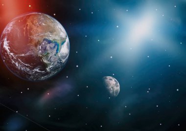 Dünya ve ay siyah bir zemin üzerine uzaydan. NASA tarafından döşenmiş öğeler dahil olmak üzere son derece ayrıntılı görüntü.