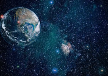 Dünya ve ay siyah bir zemin üzerine uzaydan. NASA tarafından döşenmiş öğeler dahil olmak üzere son derece ayrıntılı görüntü.