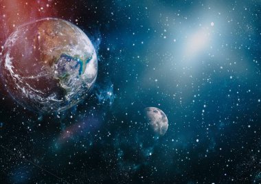 Dünya ve ay siyah bir zemin üzerine uzaydan. NASA tarafından döşenmiş öğeler dahil olmak üzere son derece ayrıntılı görüntü.