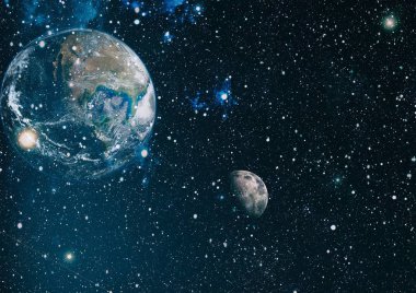 Dünya ve ay siyah bir zemin üzerine uzaydan. NASA tarafından döşenmiş öğeler dahil olmak üzere son derece ayrıntılı görüntü.