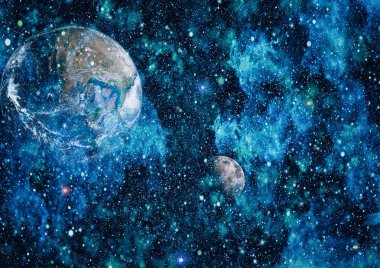 Dünya ve ay siyah bir zemin üzerine uzaydan. NASA tarafından döşenmiş öğeler dahil olmak üzere son derece ayrıntılı görüntü.