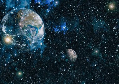 Dünya ve ay siyah bir zemin üzerine uzaydan. NASA tarafından döşenmiş öğeler dahil olmak üzere son derece ayrıntılı görüntü.