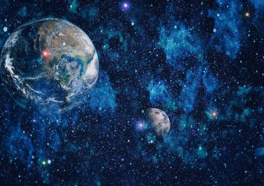 Dünya ve ay siyah bir zemin üzerine uzaydan. NASA tarafından döşenmiş öğeler dahil olmak üzere son derece ayrıntılı görüntü.