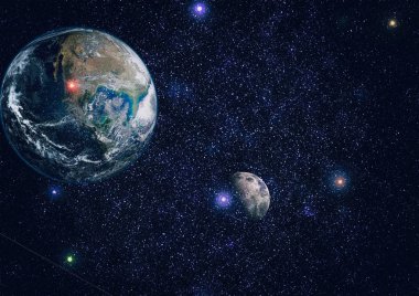 Dünya ve ay siyah bir zemin üzerine uzaydan. NASA tarafından döşenmiş öğeler dahil olmak üzere son derece ayrıntılı görüntü.