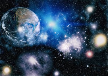 Dünya ve ay siyah bir zemin üzerine uzaydan. NASA tarafından döşenmiş öğeler dahil olmak üzere son derece ayrıntılı görüntü.