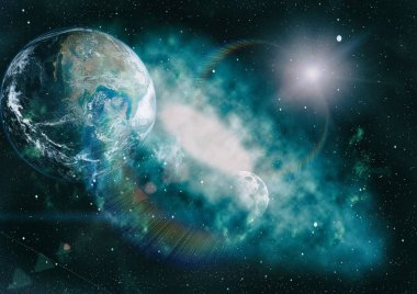 Dünya ve ay siyah bir zemin üzerine uzaydan. NASA tarafından döşenmiş öğeler dahil olmak üzere son derece ayrıntılı görüntü.