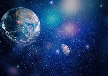 Dünya ve ay siyah bir zemin üzerine uzaydan. NASA tarafından döşenmiş öğeler dahil olmak üzere son derece ayrıntılı görüntü.