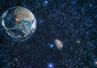 Dünya ve ay siyah bir zemin üzerine uzaydan. NASA tarafından döşenmiş öğeler dahil olmak üzere son derece ayrıntılı görüntü.