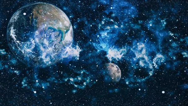 Dünya ve ay siyah bir zemin üzerine uzaydan. NASA tarafından döşenmiş öğeler dahil olmak üzere son derece ayrıntılı görüntü.