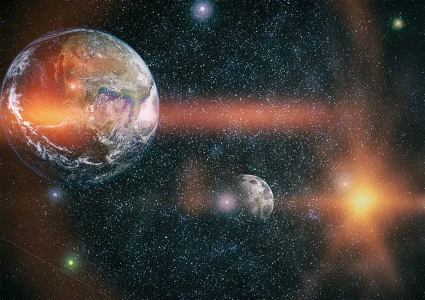 Dünya ve ay siyah bir zemin üzerine uzaydan. NASA tarafından döşenmiş öğeler dahil olmak üzere son derece ayrıntılı görüntü.