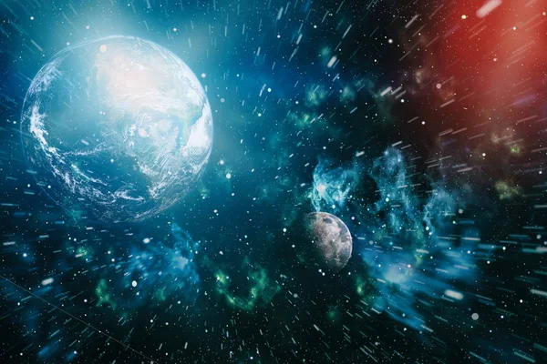 Dünya ve ay siyah bir zemin üzerine uzaydan. NASA tarafından döşenmiş öğeler dahil olmak üzere son derece ayrıntılı görüntü.