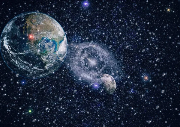 Землею Місяцем Космосу Чорному Тлі Дуже Докладно Зображення Включно Елементами — стокове фото