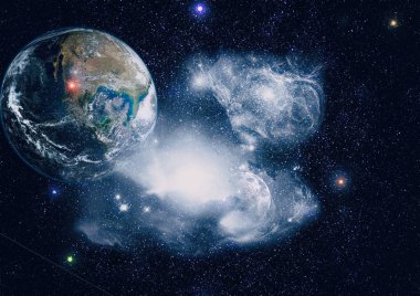 Dünya ve ay siyah bir zemin üzerine uzaydan. NASA tarafından döşenmiş öğeler dahil olmak üzere son derece ayrıntılı görüntü.