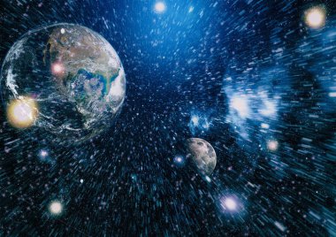 Dünya ve ay siyah bir zemin üzerine uzaydan. NASA tarafından döşenmiş öğeler dahil olmak üzere son derece ayrıntılı görüntü.