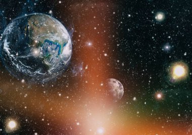 Dünya ve ay siyah bir zemin üzerine uzaydan. NASA tarafından döşenmiş öğeler dahil olmak üzere son derece ayrıntılı görüntü.