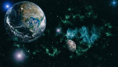 Dünya ve ay siyah bir zemin üzerine uzaydan. NASA tarafından döşenmiş öğeler dahil olmak üzere son derece ayrıntılı görüntü.