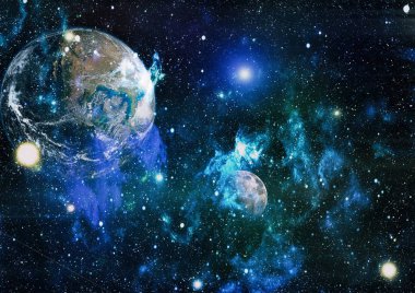 Dünya ve ay siyah bir zemin üzerine uzaydan. NASA tarafından döşenmiş öğeler dahil olmak üzere son derece ayrıntılı görüntü.