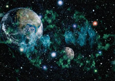 Dünya ve ay siyah bir zemin üzerine uzaydan. NASA tarafından döşenmiş öğeler dahil olmak üzere son derece ayrıntılı görüntü.