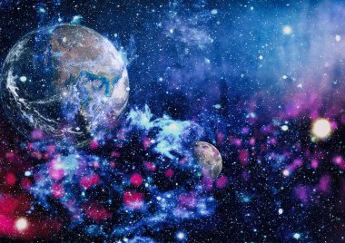 Dünya ve ay siyah bir zemin üzerine uzaydan. NASA tarafından döşenmiş öğeler dahil olmak üzere son derece ayrıntılı görüntü.