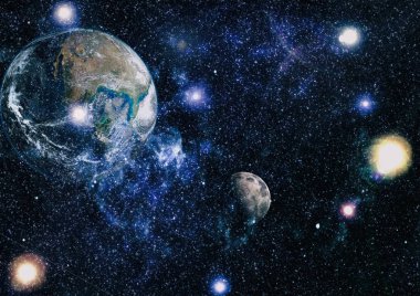 Dünya ve ay siyah bir zemin üzerine uzaydan. NASA tarafından döşenmiş öğeler dahil olmak üzere son derece ayrıntılı görüntü.