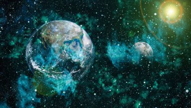 Dünya ve ay siyah bir zemin üzerine uzaydan. NASA tarafından döşenmiş öğeler dahil olmak üzere son derece ayrıntılı görüntü.