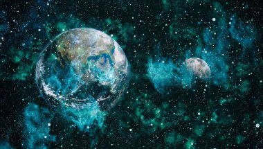 Dünya ve ay siyah bir zemin üzerine uzaydan. NASA tarafından döşenmiş öğeler dahil olmak üzere son derece ayrıntılı görüntü.