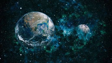 Dünya ve ay siyah bir zemin üzerine uzaydan. NASA tarafından döşenmiş öğeler dahil olmak üzere son derece ayrıntılı görüntü.