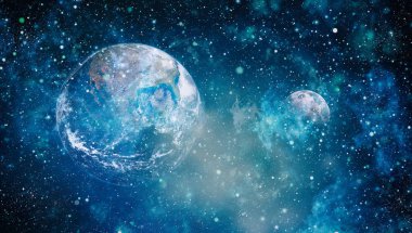 Dünya ve ay siyah bir zemin üzerine uzaydan. NASA tarafından döşenmiş öğeler dahil olmak üzere son derece ayrıntılı görüntü.