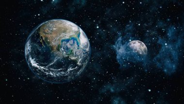 Dünya ve ay siyah bir zemin üzerine uzaydan. NASA tarafından döşenmiş öğeler dahil olmak üzere son derece ayrıntılı görüntü.