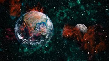 Dünya ve ay siyah bir zemin üzerine uzaydan. NASA tarafından döşenmiş öğeler dahil olmak üzere son derece ayrıntılı görüntü.